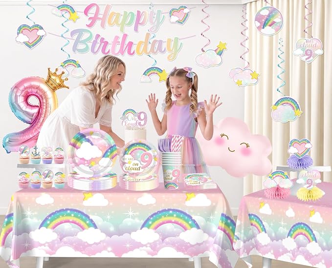 Xynic 200Pcs On Cloud 9 Birthday Decorations for Girls, All-in-One Party Supplies Includes Banner, Cake Toppers, Foil Balloons, Plates and Napkins, Easy Setup On Cloud Nine Party Decor, Serves 25
