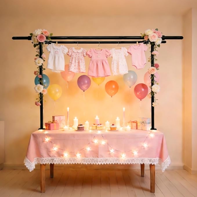 Beyeutao Black Over The Table Rod Stand with Clamps Metal Double Crossbar Table Arch Stand 16"-87" Length 16"-45" Height Adjustable Table Banner stand Garden Arbors Fit for Wedding Birthday Party Christmas Decoration