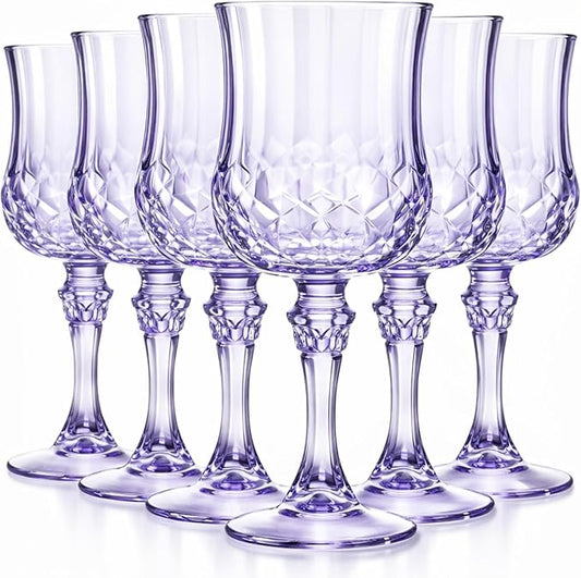 Pinkunn 6 Pcs 7 oz Plastic Vintage Wine Glasses Reusable Colored Goblets Patterned Drinking Water Glasses Cup Dishwasher Safe for Mother's Day Wedding Reception Party Supplies (Purple)