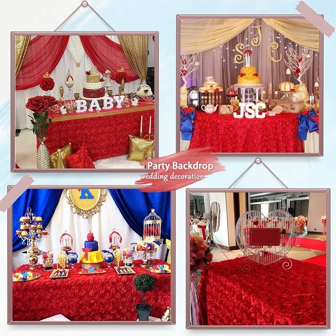 B-COOL Red Rosette Tablecloth 60x102 Inch 3D Floral Satin Table Overlay Valentines Wedding Table Cloth Red Flowers Table Fabric Celebration Birthday Rectangle Table Linen