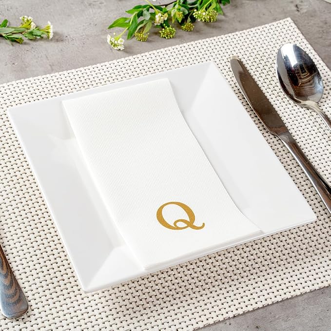 Luxenap 15.8 X 7.9 Inch Linen-Feel Guest Towels, 2000 Lettered Hand Towels - Gold Letter 'Q', Sans Serif Font, White Paper Dinner Napkins, airlaid, For Restrooms And Tables