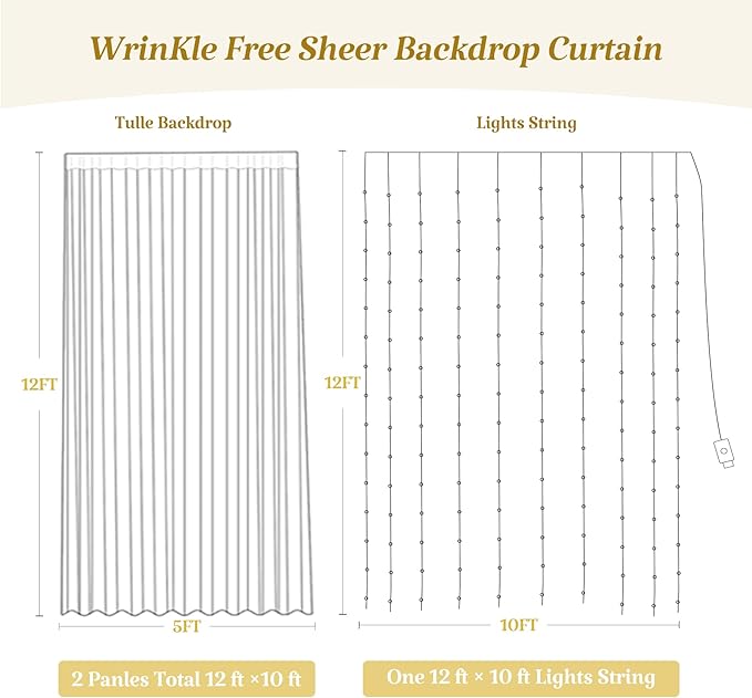 10ft×12ft Pink Tulle Backdrop Curtains with Lights String for Parites Pink Sheer Backdrop Curtains for Baby Shower Girls Birthday Party Wedding Bridal Shower Photo Shoot Background 2 Panels 5×12ft