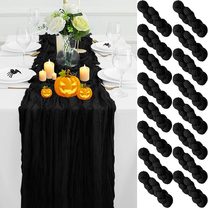 16Pack Black Table Runner 10FT Black Cheesecloth Table Runner 35x120Inch Long Boho Cheese Cloth Table Runners Rustic Gauze Table Runners for Party Wedding Table Decor