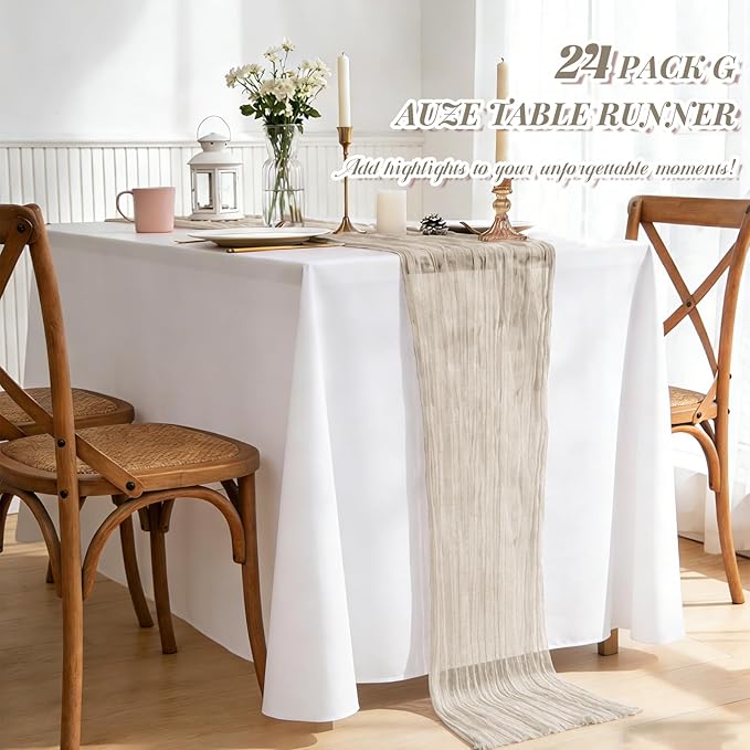 24 Pack Brown Grey Cheesecloth Table Runner, Long Romantic Semi Sheer Rustic Boho Gauze Table Runners for Wedding Bridal Shower Birthday Party Decorations(17.7×108 Inch)
