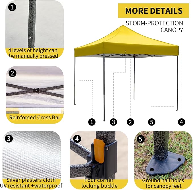 10x10 Heavy Duty Canopy Pop Up Commercial Canopy Tent, Vendor Tent with 400D Oxford Fabric for Camping Outdoor Events Parties Weddings, UPF 50+ Waterproof (Yellow)