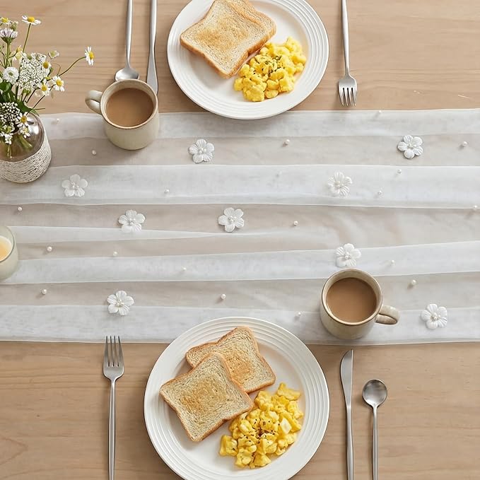 Artoid Mode Flower Pearl White Gauze Table Runner 10FT, Seasonal Sheer Dining Holiday Wedding Birthday Baby Shower Table Decor for Home Party