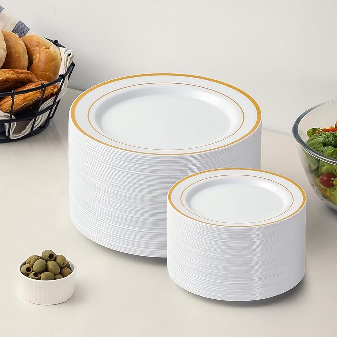 AOZITA 200PCS Gold Plastic Plates Set, Heavy Duty Disposable Plates for Party & Wedding, Includes 100 Dinner Plates and 100 Dessert Salad Plates, Elegant White with Gold Rim Dinnerware