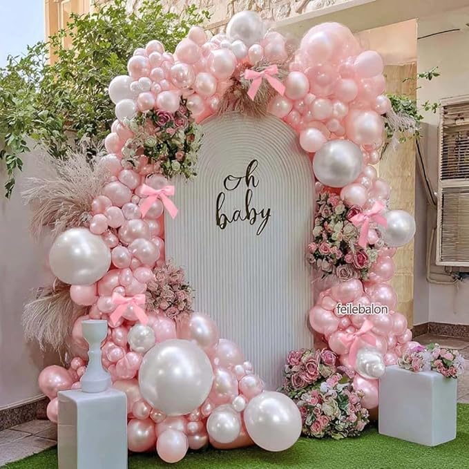 Pearl Pink Balloons Different Sizes Double Stuffed Pastel Baby Pale Pink Pearl Balloon Arch Garland Kit 18/12/5in with Bow for Bridal Wedding Birthday Baby Shower Coquette Party Decorations