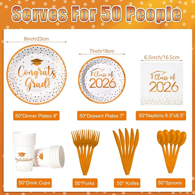 350pcs Class of 2026 Graduation Plates and Napkins Set, Disposable Paper Plate Set Polka Dots Napkins Cups Knife Fork Spoon for Graduation Party Decorations and Supplies,Serve 50 (White Orange)