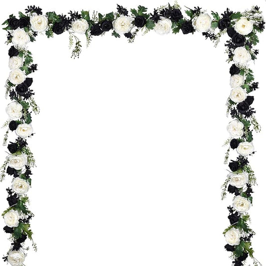 Lvydec 2 Pack Artificial Peony Flower Garland - 6ft Silk Peony Flower Garland for Wedding Party Table Decoration (Black&White)