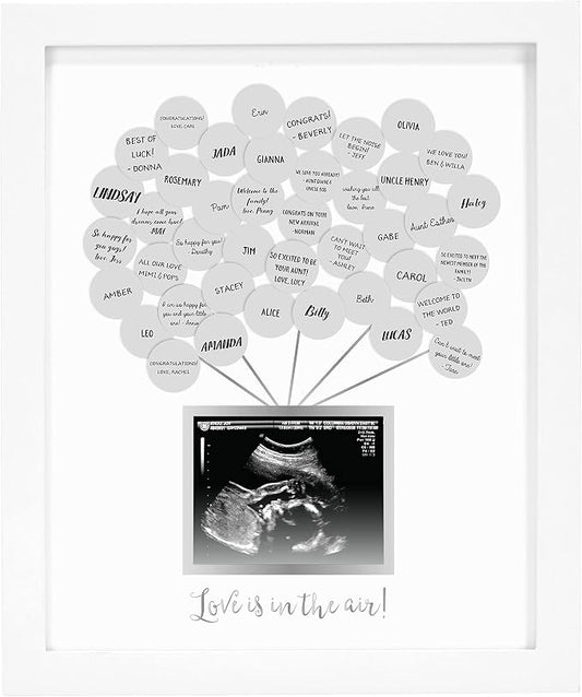 Pearhead Baby Shower Signature Guest Book Picture Frame with Balloon Stickers, Sonogram Photo Display 5 x 4, Gender-Neutral Nursery Keepsake Decor, White