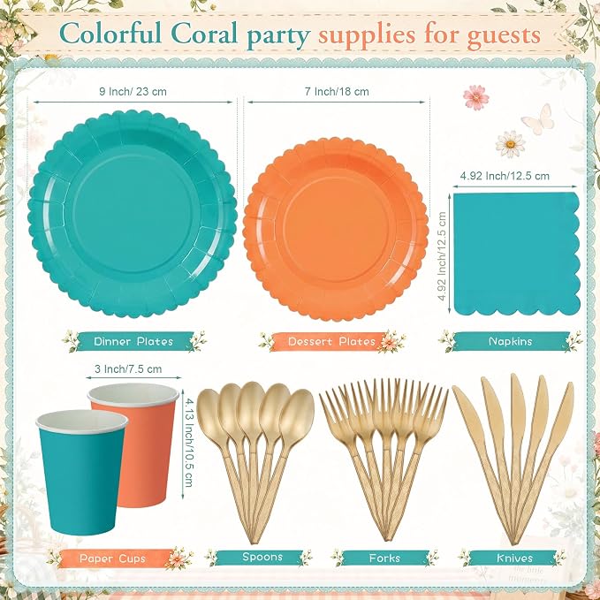 Zhehao 175 Pcs Colorful Coral Party Supplies Rainbow Disposable Tableware with Plates, Cups, Napkins, Cutlery in Coral Tones for Summer Tropical Baby Shower, Birthday, Wedding Party