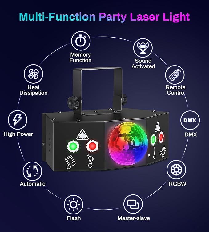 Disco Party Lights Laser DJ Light with Sound Activated Support DMX512 Stage DJ Party Disco Lighting with Remote Control for Xmas Club Parties Birthday Christmas Wedding