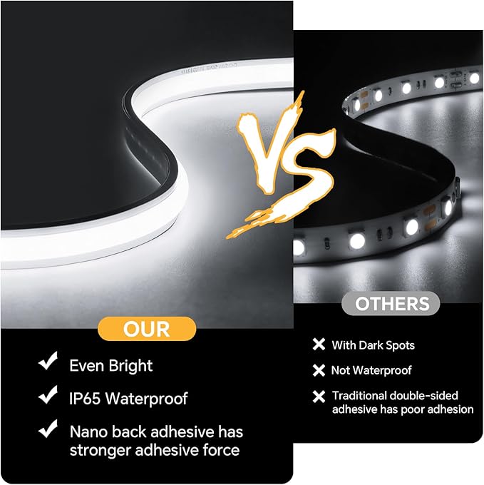 16.4FT Neon COB LED Strip Lights 24V 1400 LEDs Penetrable Wood Touch Sensor LED Rope Lights Waterproof White Dimmable Silicone Neon Light Strip for Indoors Bar Bedroom Cabinet Decor