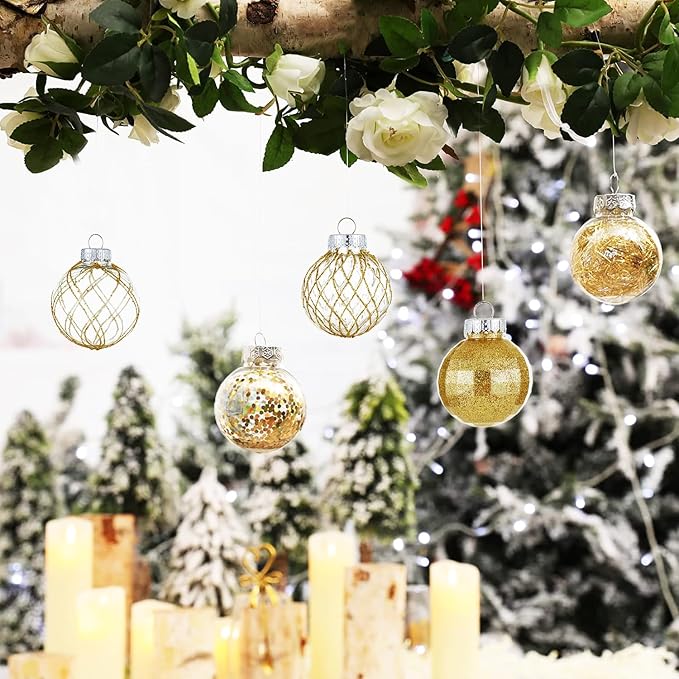 CristBest 30ct Christmas Ball Ornaments-60mm/2.36" Shatterproof Clear Plastic Xmas Balls Baubles Set with Stuffed Delicate Sparkling, Hanging Christmas Tree Decorations(Gold)