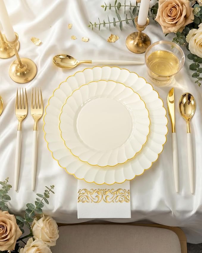 Ciaell 175 PCS Ivory Scalloped Plastic Plates - Gold Disposable Plates Fancy High-end Dinnerware Sets for Wedding & Party (25 Guests)