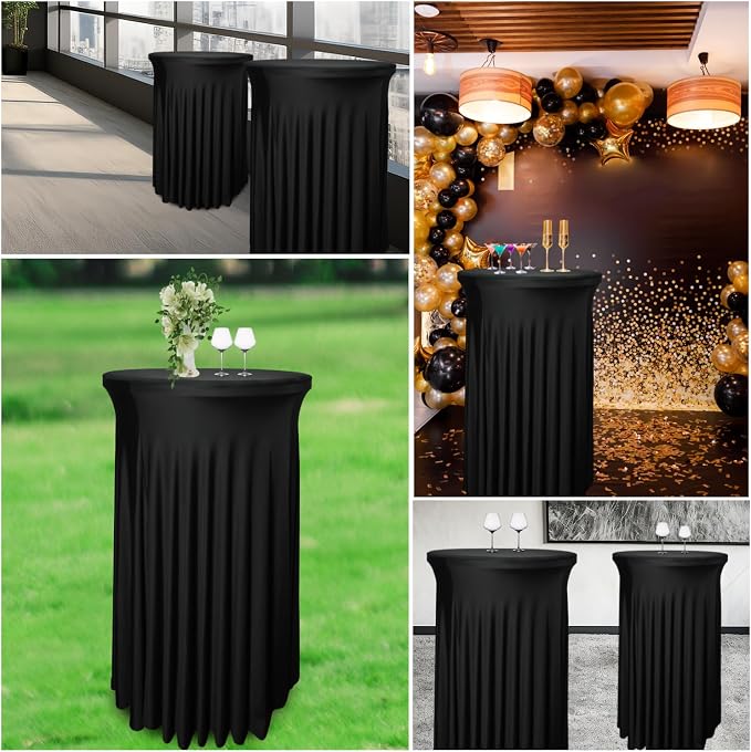 2 Pack 32"x43" Black Round Cocktail Table Skirt | Spandex Fitted High Top Table With Skirt | Stain, Wrinkle Resistant, Washable for Bar Wedding Party Banquet