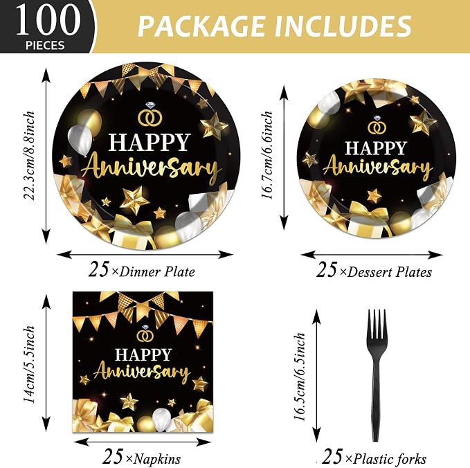 chiazllta 96 Pcs Anniversary Party Paper Plate and Napkins Gold Black Disposable Tableware Wedding Anniversary Party Supplies for 40th 50th 60th Wedding Favors 24 Guests