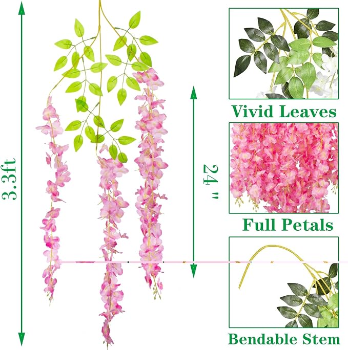 AITISOR 24 Pack Artificial Fake Wisteria Vine Ratta (3.75 Feet) Hanging Garland Silk Flowers String Home Party Wedding Decor (Deep Pink)