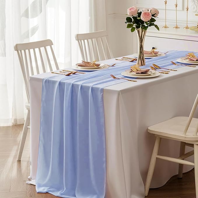 Soft Dusty Blue Shimmery Chiffon Table Runner 35x120 Inches 12 Pack Bulk for Thanksgiving Christmas Bulk Party Table Decor