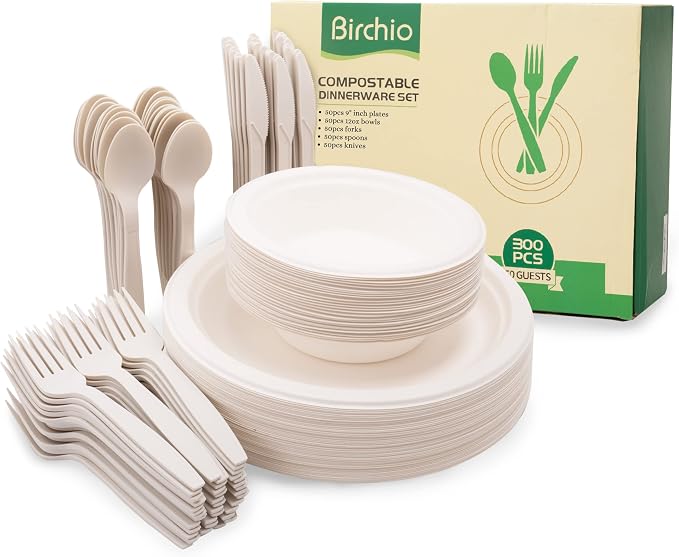 250 Piece (50 Sets) Biodegradable Paper Plates Set (EXTRA LONG UTENSILS), Disposable Dinnerware Set, Eco Friendly Compostable Plates & Utensil include Plates, Bowls, Forks, Knives and Spoons