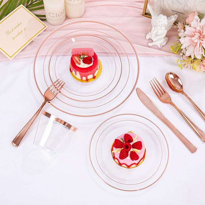 bUCLA 300PCS Rose Gold Plastic Dinnerware - Clear Dinnerware Set Disposable Include 50 Dinner Plates,50 Dessert Plates,50 Knives,50 Forks,50 Spoons,50 Cups for Party, Wedding & Mother's Day