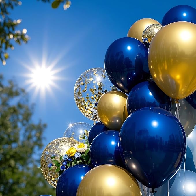 63 PCS Blue Golden Birthday Party Balloons Decorations for Men Women | with Photography Background Backdrop, Happy Birthday Sign Banner, Confetti Balloons