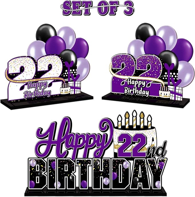 LINGTEER Happy 22nd Birthday Purple Acrylic Table Topper Centerpieces Set - Cheers to 22 Years Old Birthday 22nd Bday Party Gift Decorations.