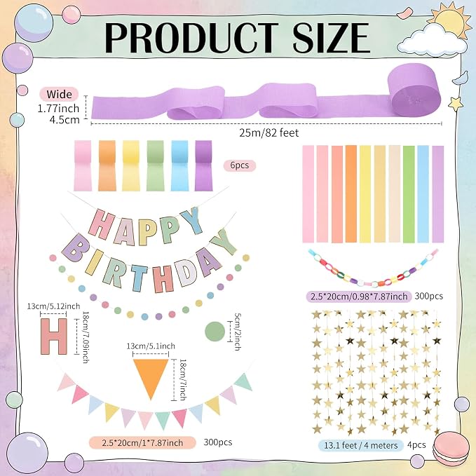 Mifoci 313 Pcs Happy Birthday Decorations Kit 300 Sheets Paper Chains Strips Birthday Felt Banner 492 ft Crepe Paper Streamers 52.4ft Star Garlands for Party Supplies DIY Crafts (Macaron Colors)