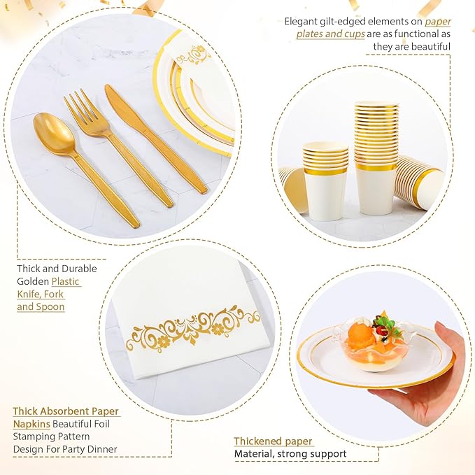 Didaey 700 Pcs Disposable Dinnerware Set for 100 Guests Include 200 Paper Plates, 300 Plastic Silverware, 100 Paper Cups, 100 Napkins for Wedding Birthday Party Supplies (White with Gold Rim)