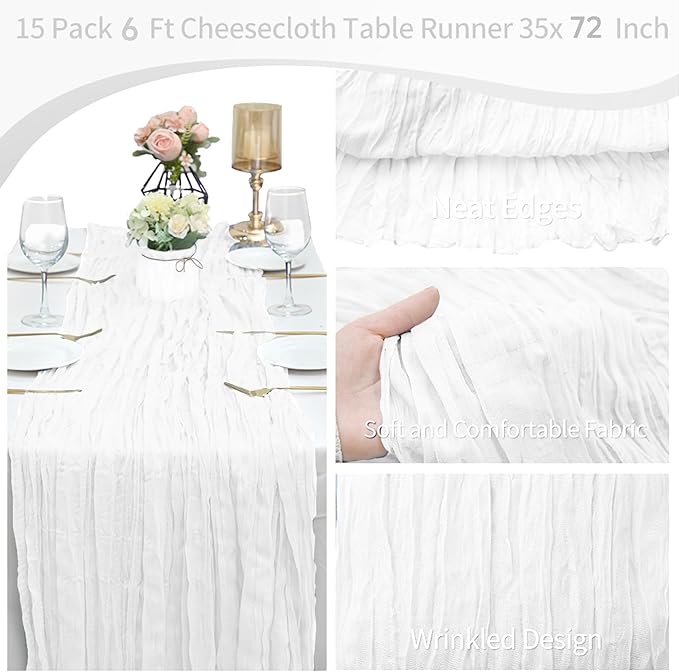 15 Pack Cheesecloth Table Runner 6FT Cheese Cloth Table Runner 35x72Inch Boho Gauze Table Runners for Wedding Birthday Party Engagement Baby Shower Bridal Shower Anniversary Banquet Table Décor(White)