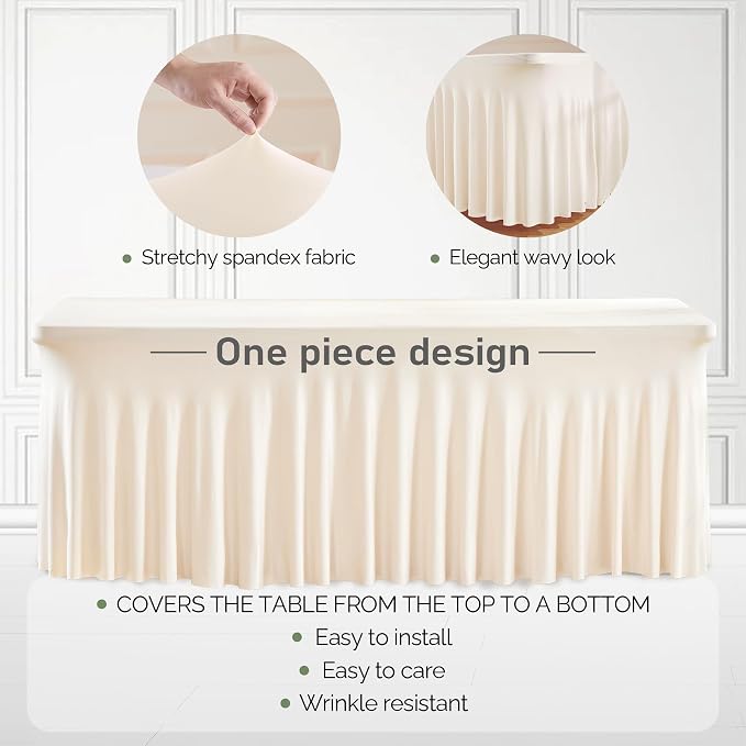 1 Pack Ivory Table Clothes for 6 Foot Rectangle Tables, One-Piece Wrinkle Resistant Stretch Spandex Table Covers with Skirt for Event Banquet Wedding Birthday Party