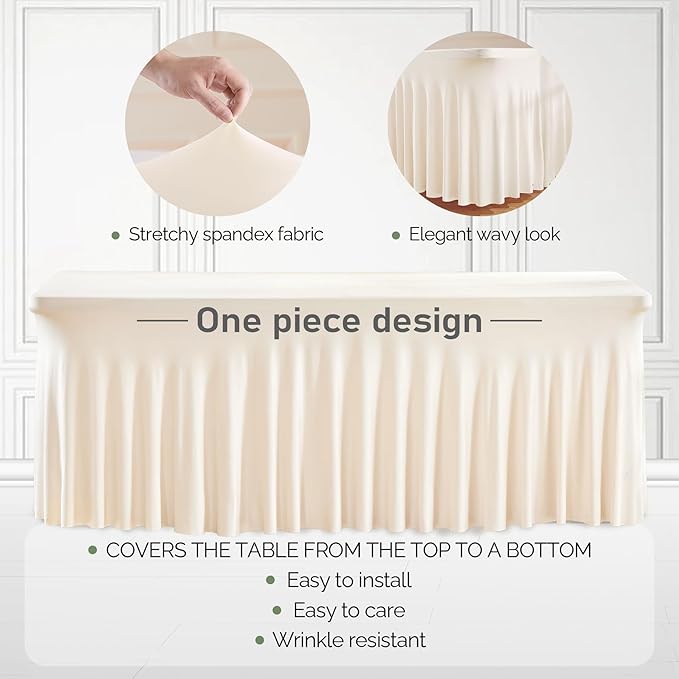 2 Packs Ivory Table Clothes for 8 Foot Rectangle Tables, One-Piece Wrinkle Resistant Stretch Spandex Table Covers with Skirt for Event Banquet Wedding Birthday Party