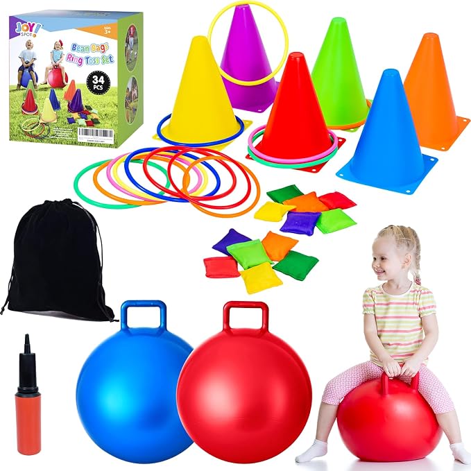 JOY SPOT! Carnival Outdoor Games Combo Set for Kids, 18 Inch Hopper Balls with Handles, Ring Toss, Bean Bags, Egg Spoon Relay Race, Fun for Backyard, Field Day, School, Birthday Parties, Family Events