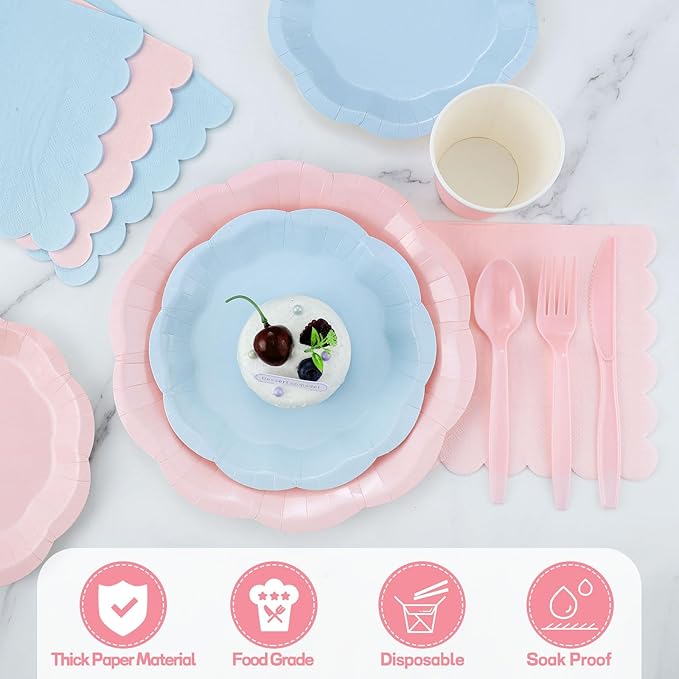 NatNarr 350 Pcs Baby Gender Reveal Party Supplies Include Scalloped Plate Napkin Cup Forks Knives, Light Pink and Light Blue Plastic Cutlery 50 Guest Disposable Party Tableware Set for Baby Shower