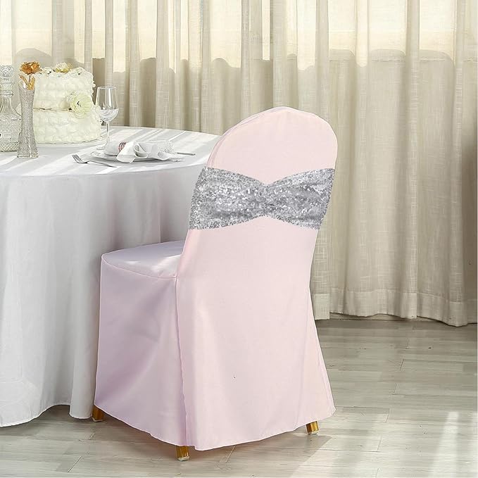 SquarePie Sequin Chair Sashes 30 Pack - Silver Decorative Sashes Bands for Wedding Party Decoration, Seuqin Fabric Bow for Banquet Reception Chairs
