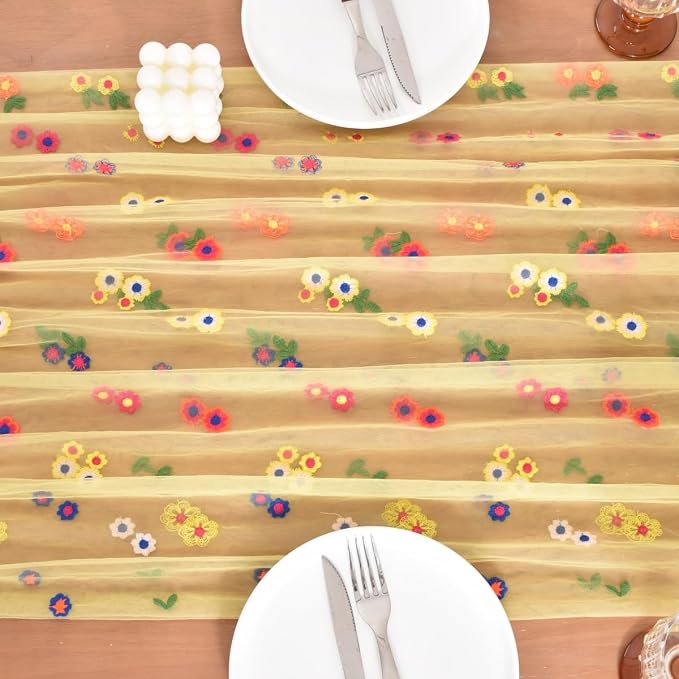Joanlody 3pcs Yellow Summer Flower Table Runner 10ft Embroidery Daisy Floral Seasonal Tulle Table Runner for Home Garden Tea Party Holiday Birthday Decoration