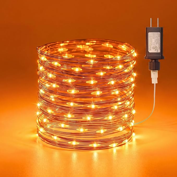 Halloween Fairy Lights Plug in, 33Ft 100LEDs Orange Fairy Lights, Waterproof Flexible Black Wire String Lights for Bedroom Home Party Ghost Haunted House Indoor Outdoor Halloween Decorations, Orange
