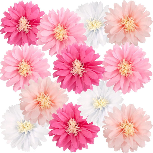 12 Pcs Pink Tissue Paper Flowers Daisy Tissue Paper Pom Poms Party Decorations Spring Party Decoration Paper Flowers Decorations for Wall Backdrop Garden Wedding Decor