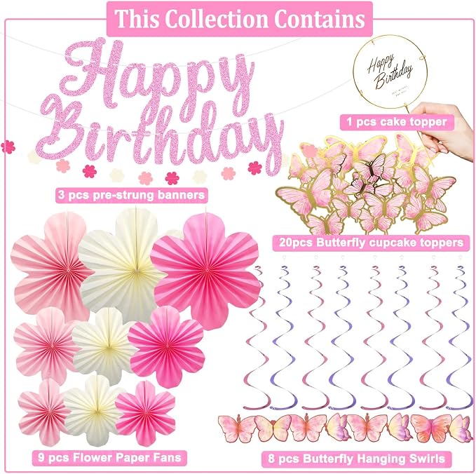 Butterfly Birthday Decorations Party Supplies with Pre-strung Happy Birthday Banner,Flower Garland,Cake Cupcake Toppers,Hanging Swirls, Paper Fan Spring-themed Decor Pack for Women Girls (Pink)