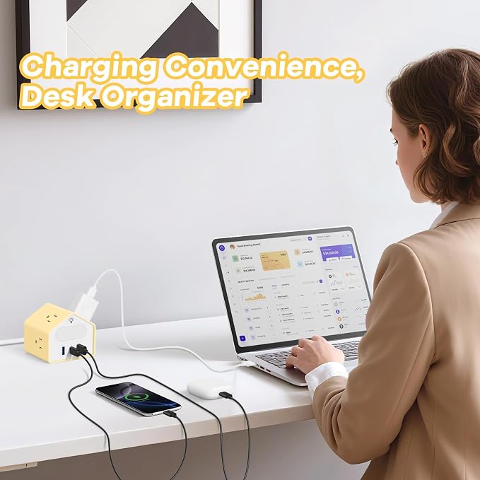 Handy Power Strip with Night Light - Yolk-Yellow Power StripOverload Protection Plug- 20W USB C Charging Station - 4 Outlets + 3 USB Ports for Desk, Nightstand, Couch, Makeup, Electronic Accessories