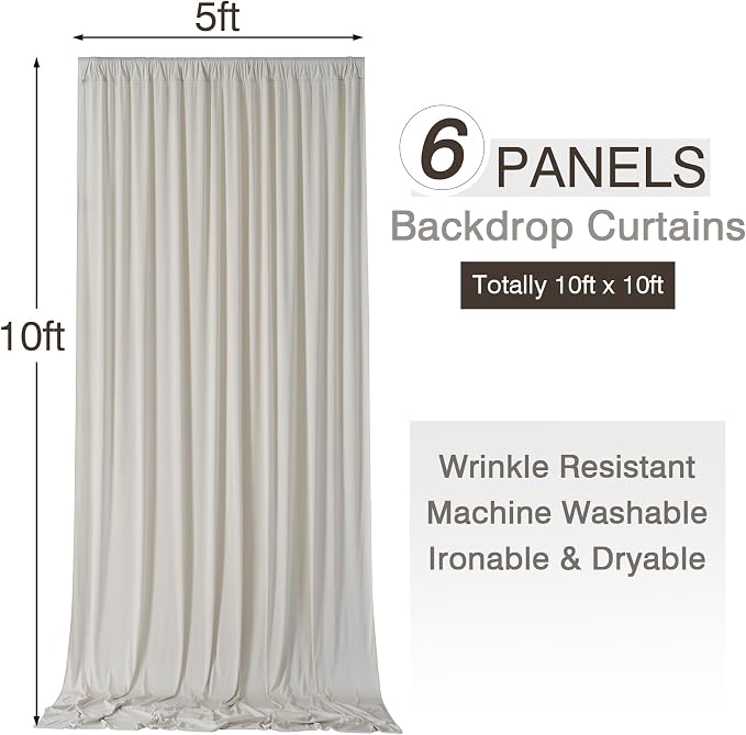 30ftx10ft Wrinkle Free Beige Backdrop Curtains for Parties, 6 Panels 5x10ft Silky Polyester Photo Backdrop Drapes Back Drop Cloth Drapery for Wedding Birthday Photography Background