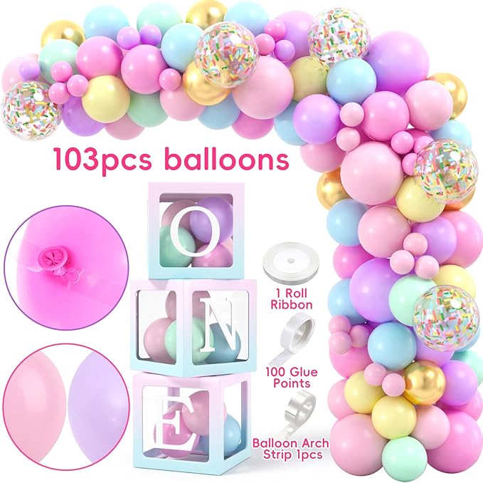 SNLN Sweet One Birthday Party Decorations, First Birthday Decorations for Girl, Balloon Box Photo Banner Donut Foil Balloon Arch Backdrop Highchair Banner Crown, One Year Old 1st Party Supplies