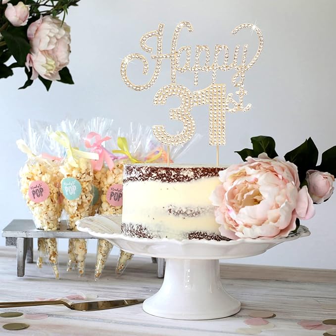 LINGTEER Happy 31st Birthday Gold Rhinestone Cake Topper - Cheers to 31st Birthday 31 Years Old Anniversary Party Cake Centerpieces Topper Decorations Gift Sign.