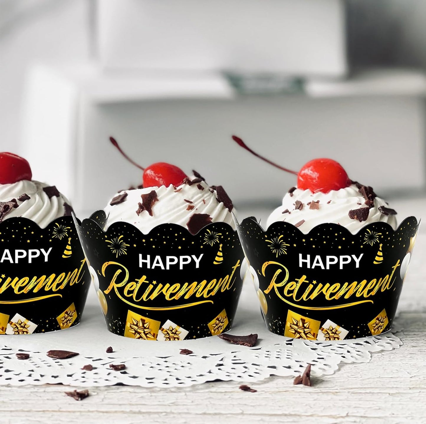 Whaline 36Pcs Happy Retirement Cupcake Wrappers Black Gold Retirement Cupcake Liners Decorative Cupcake Holders for Party Cake Dessert Decoration