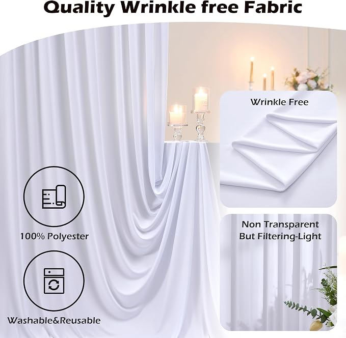 40ftx8ft White Wrinkle Free Backdrop Curtains for Parties, 8 Panels 5×8ft Silky Soft Polyester Wedding Drapes for Backdrop Decor Birthday Party Baby Shower Photo Photography Background Curtain