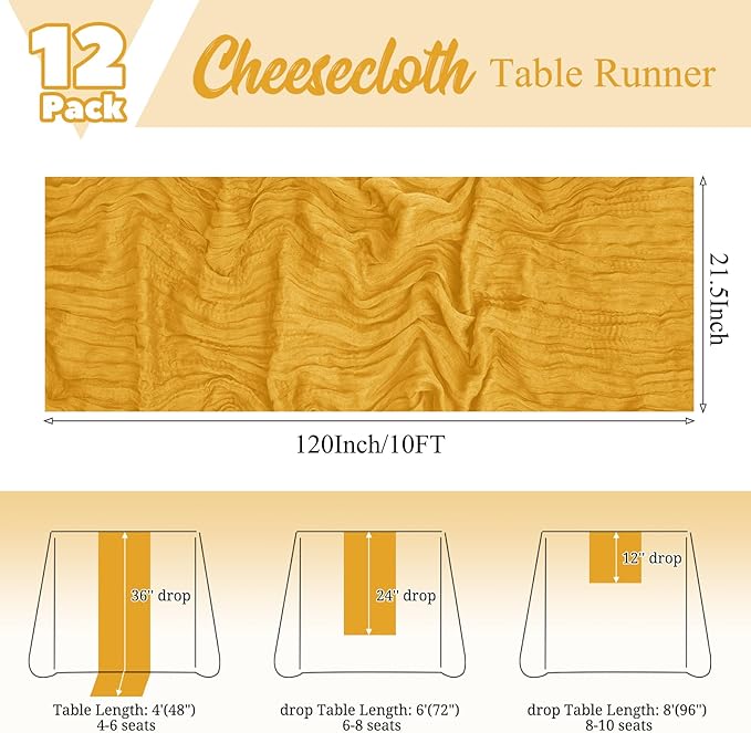 12 Pack Gold Table Runner 10Ft Cheesecloth Table Runner Rustic Gauze Table Runners Romantic Long Sheer Fabric Cheese Cloth Table Runners for Wedding Party Bridal Baby Shower