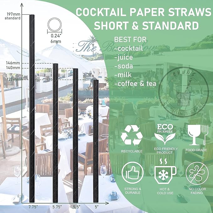 Black Paper Straws, Solid black/250 Bulk, Biodegradable Paper Drinking Straws for Cocktail, Drinks, Bars and Restaurant, 7.75"x0.24"