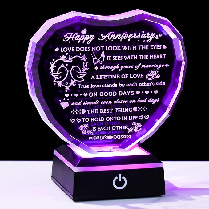 Arikyrist Wedding Anniversary Crystal Heart Gifts for Couple Parents, Happy Anniversary Crystal Gift for Wife Husband Men Women with LED Base Marriage Present for Him Her Girlfriend Boyfriend
