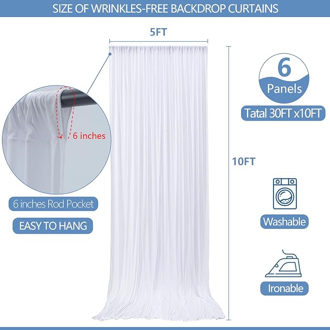 30x10ft Wrinkle Free White Backdrop Curtain for Parties Soft Fabric Drapes Wedding White Curtain Backdrop for Birthday Party Decorations Background for Photography 5x10ft, 6 Panels